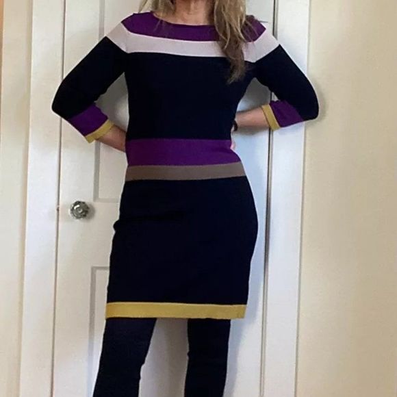 Jones New York sweater dress in black, purple, ecru, yellow, and light gray / L - Picture 2 of 14